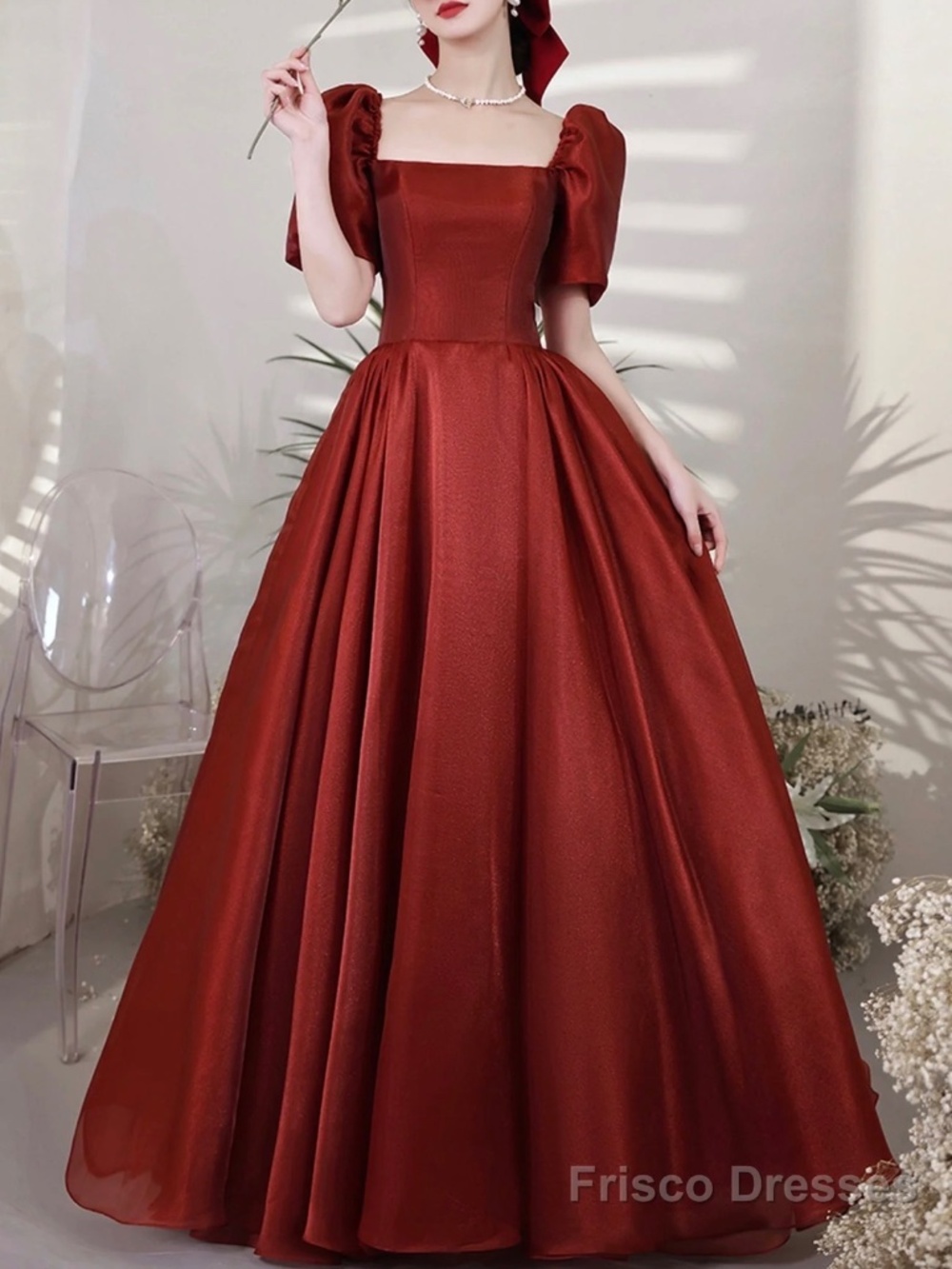 Burgundy Satin Long Prom Dress, Simple A-Line Short Sleeve Evening Dress